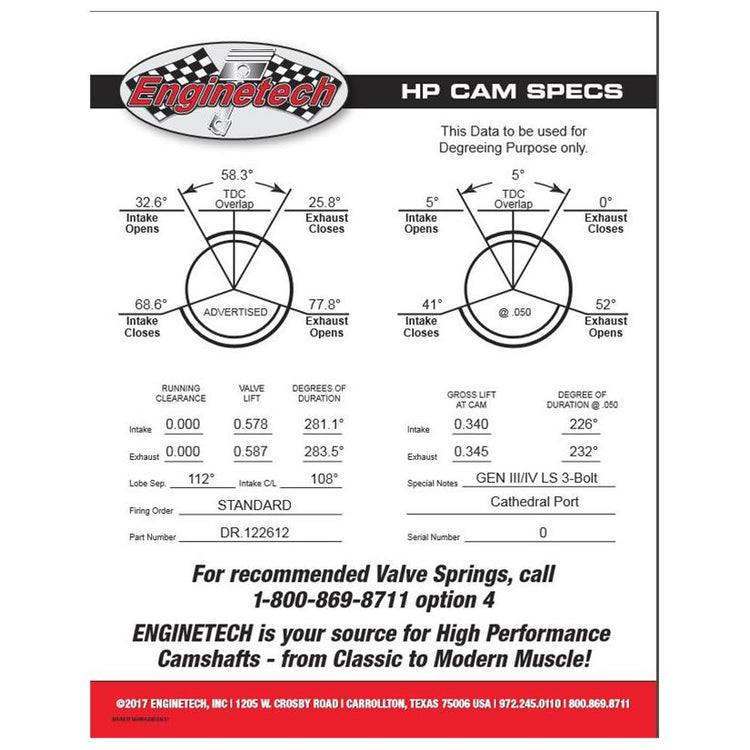 Enginetech High Performance Engine Camshaft Dr. Bumpstick Part Number DR.122612